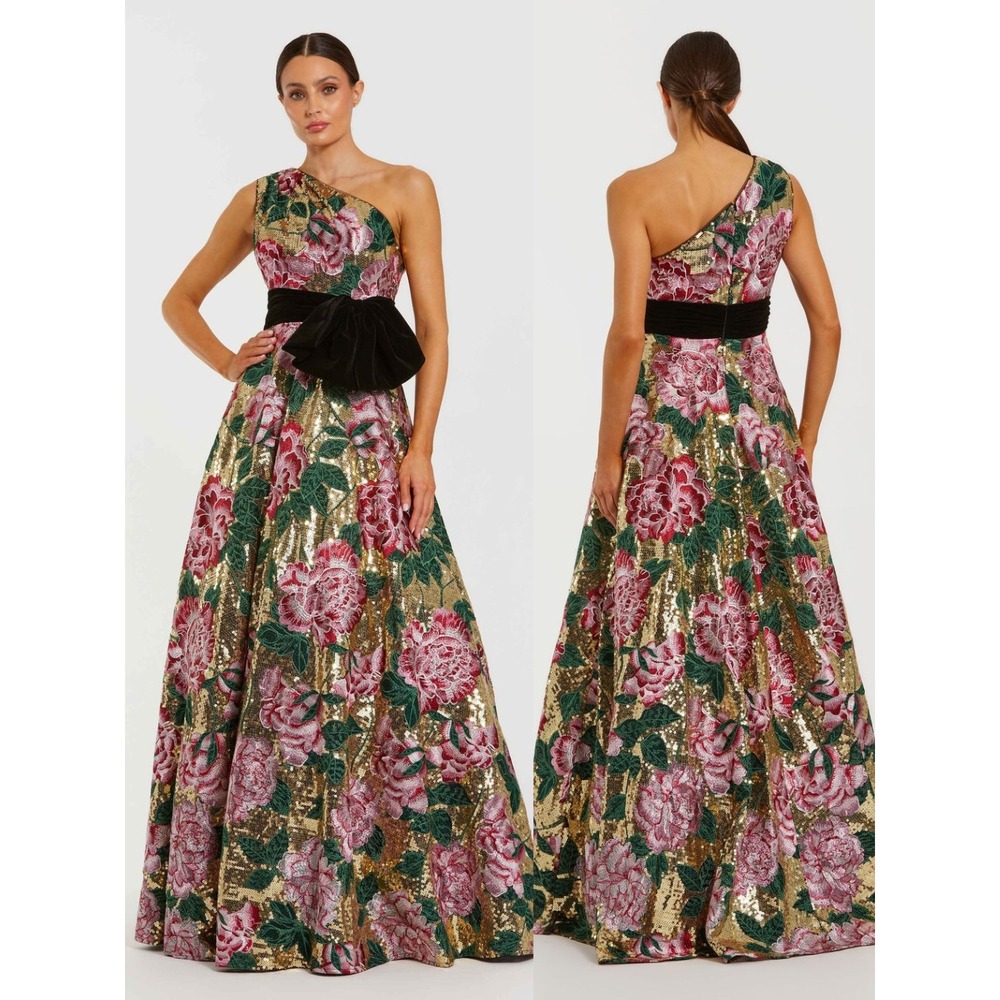 Mac Duggal Multicolor One Shoulder Sequin Ball Gown With Velvet Bow $798 Size 12